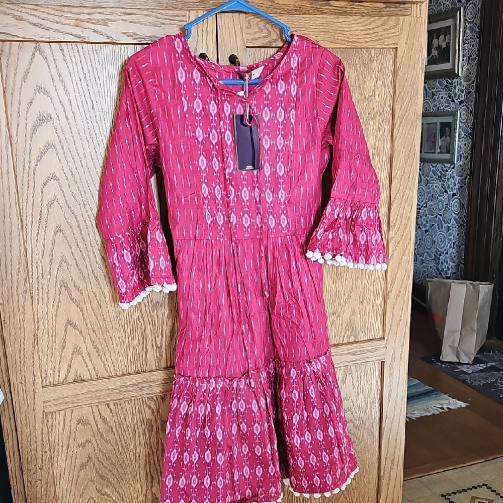 Girls' Fuchsia Patterned Tiered Casual Dress with Pom Trim